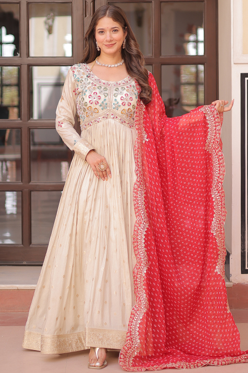 Cream Beige Soft Silk Woven Zari Anarkali Suit 