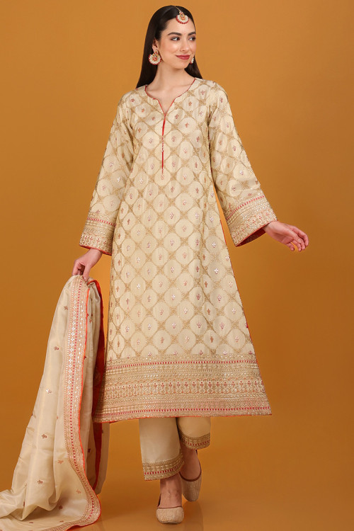 Cream Beige Tissue Embroidered A-Line Trouser Suit