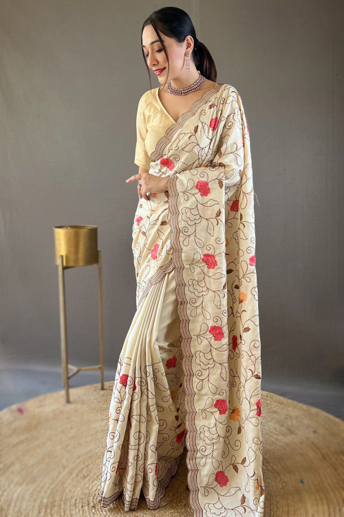 Cream Beige Tussar Silk Embroidered Saree For Sangeet 