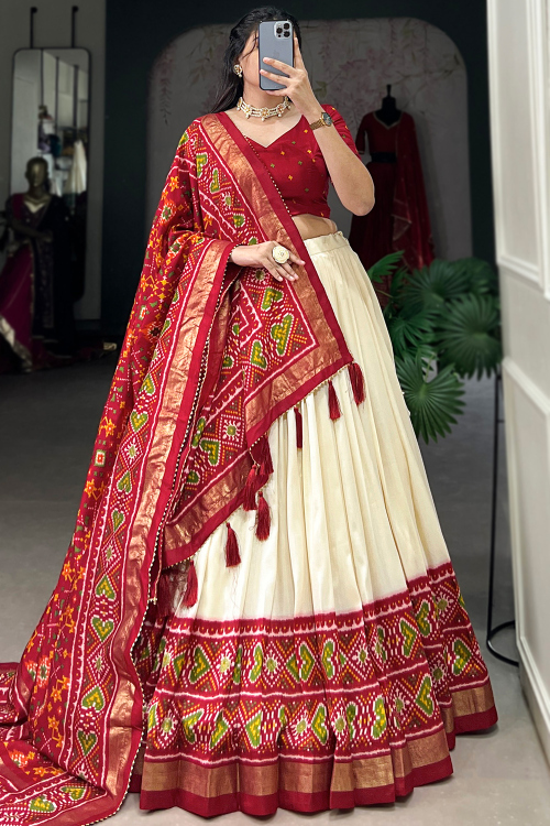 Cream Beige Tussar Silk Lehenga With Printed Work For Diwali