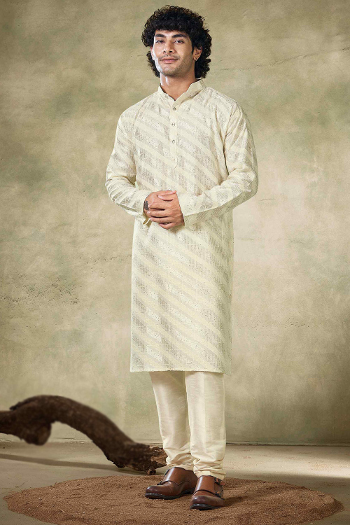 Cream Beige Viscose Kurta Pajama with Resham and Sequins Work