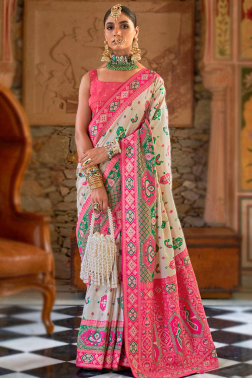 Cream Beige Weaved Banarasi Style Silk Saree 