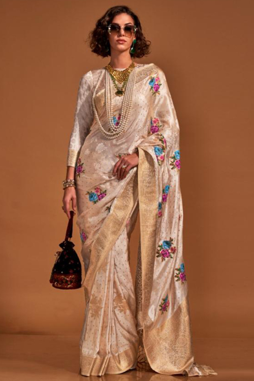 Cream Beige Weaved Lightweight Satin Saree For Sangeet 