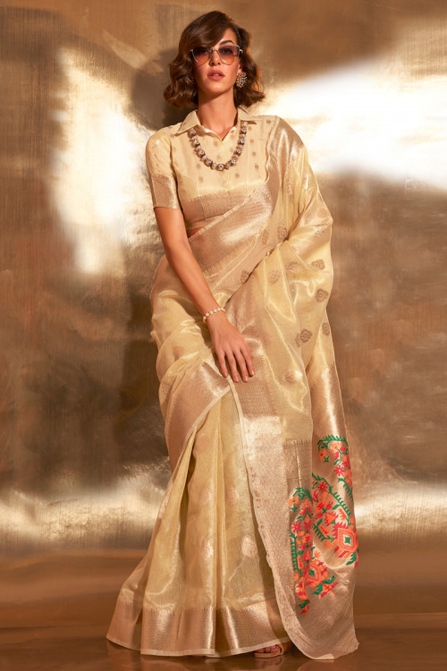 Cream Beige Weaved Paithani Tissue Silk Saree