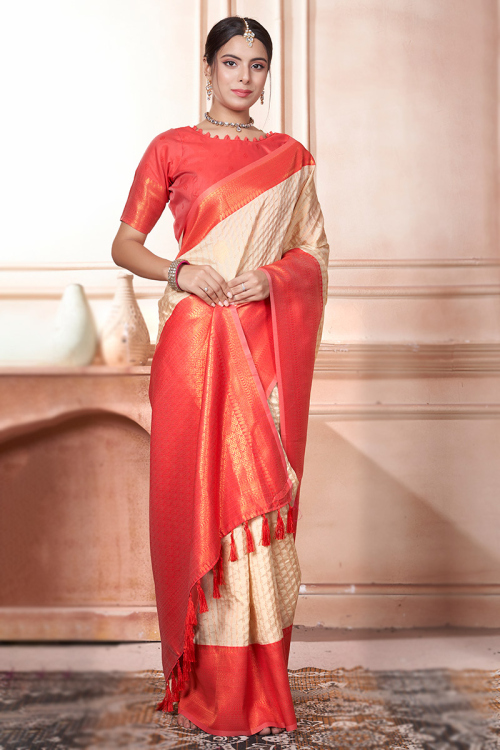 Cream Beige Weaved Silk Broad Border Saree