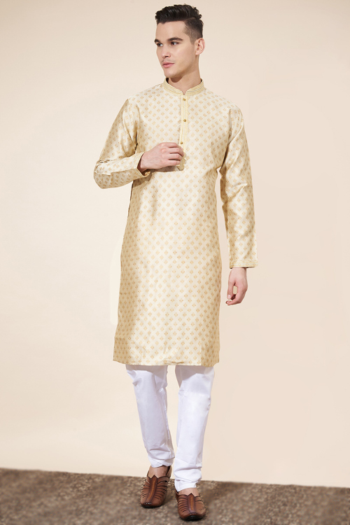 Cream Beige Woven Zari Silk Straight Cut Men's Kurta Pajama