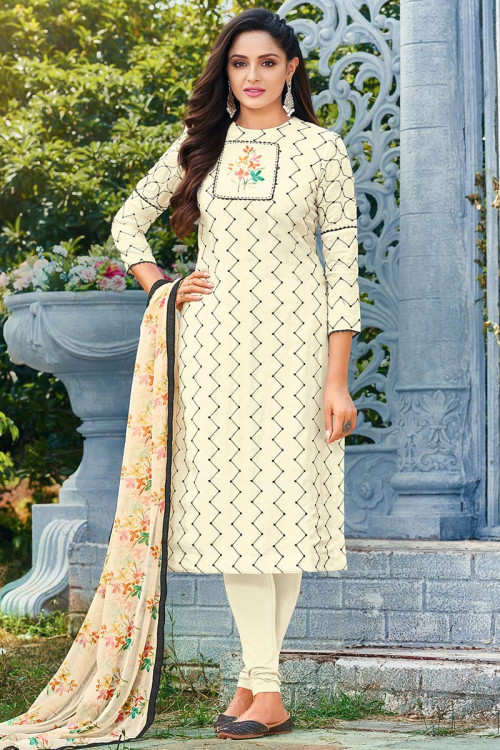 Cream Chanderi Cotton Embroidered Indian Churidar Suit