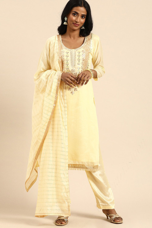 Cream Chanderi Silk Embroidered Indian Trouser Suit