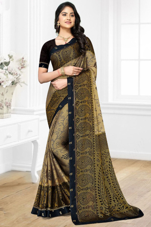 Beige Silk Chiffon Saree and Beige Silk Chiffon Sari Online Shopping