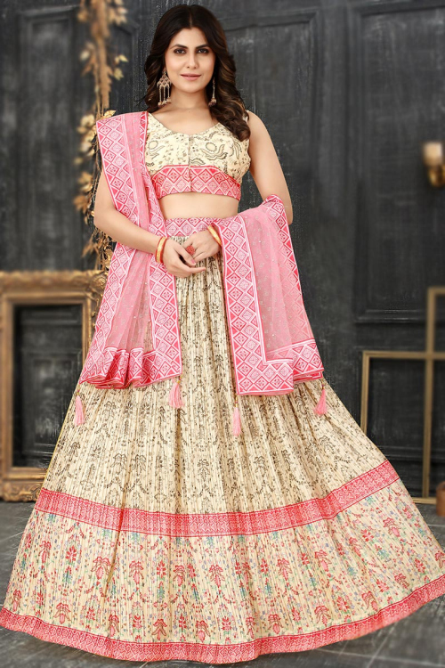 Cream Chinnon Silk A- Line Printed Lehenga 