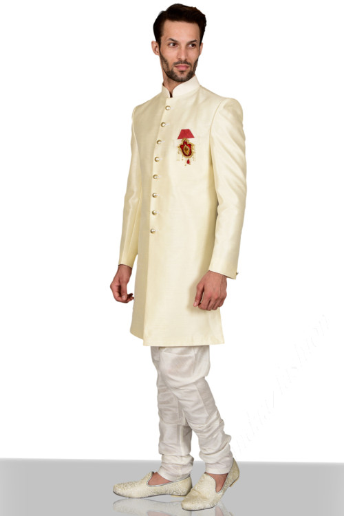 Cream Colour Raw Silk Sherwani For Men