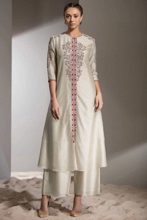 Cream Resham Embroidered Banglori Silk Palazzo Pant Suit