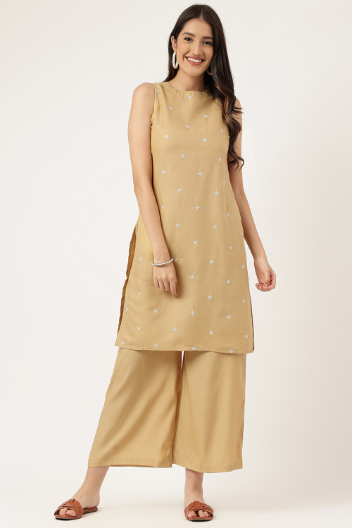 Cream Cotton Palazzo Suit With Zari Work For Casual Wear