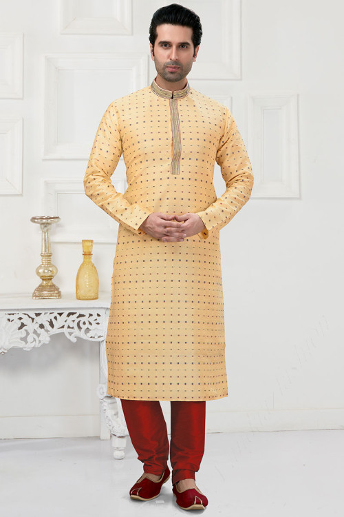 Men Kurta Pajama in Cotton Cream with Printed for Party 