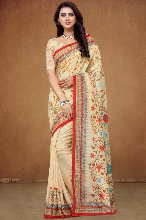 Cream Cotton Saree with Printed Detail and Round Neck Blouse