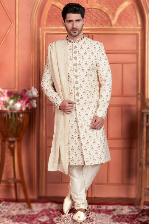 Cream Cotton Silk Embroidered Straight Cut Men's Sherwani