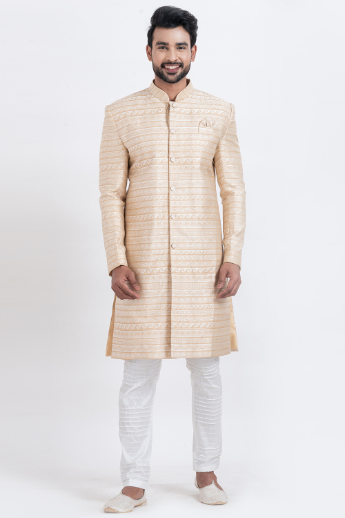 Cream Cotton Silk Men's Sherwani with Woven Zari Work for Sangeet 
