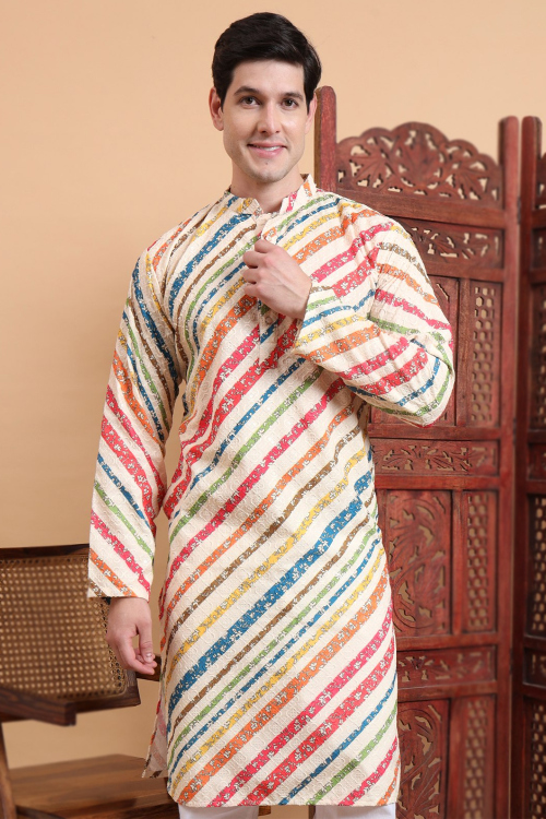 Cream Cotton Straight Cut Printed Men's Kurta