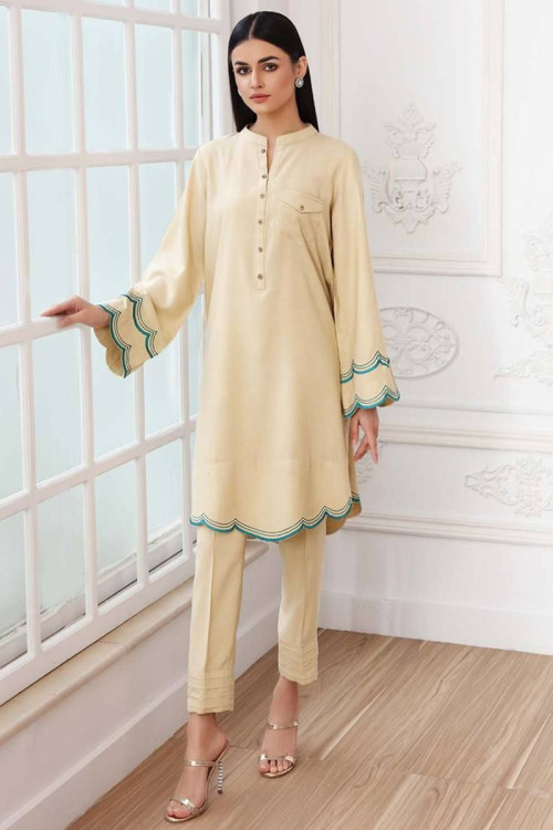 Cream Cotton Trouser Suit With Thread Work 