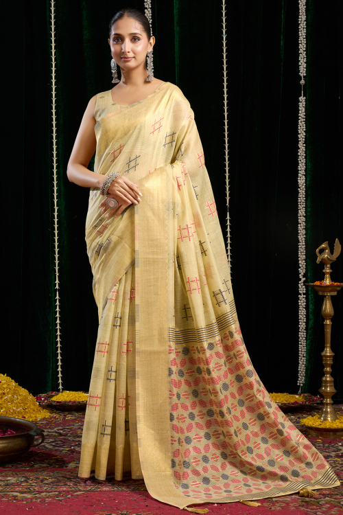 Cream Cotton Weaved Broad Border Saree
