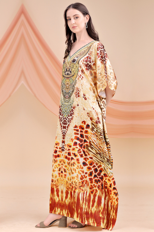 Cream Crepe Kaftan With Printed Work For Casual Wear