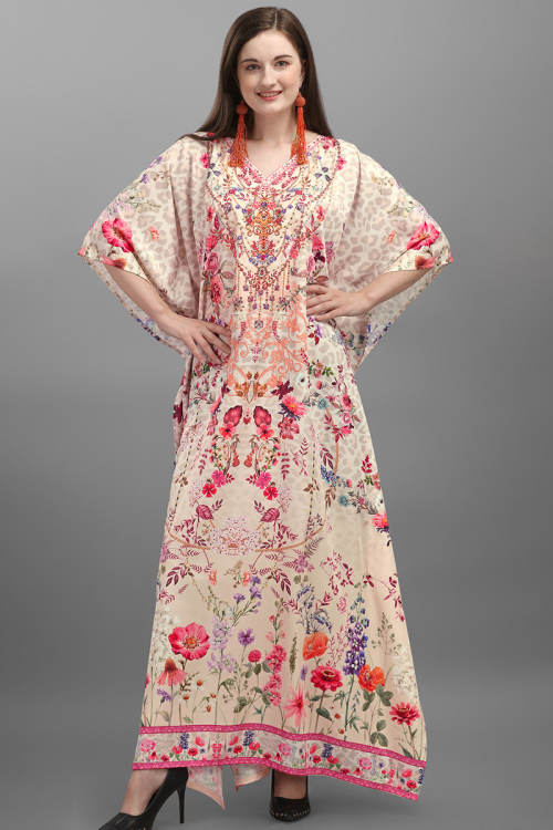 Cream Crepe Printed Long Kaftan Kurti