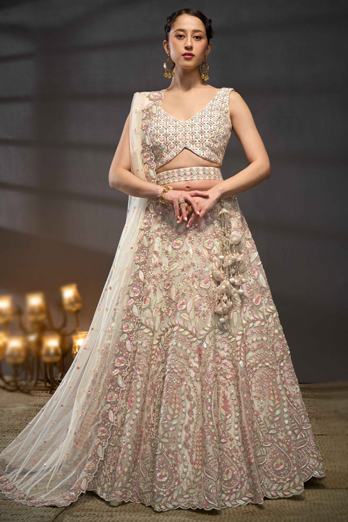 Cream Dori Embroidered Net Panelled Style Lehenga