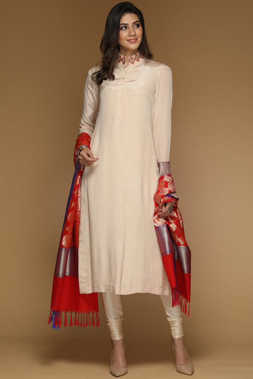 Cream Soft Silk Embroidered Churidar Suit for Eid