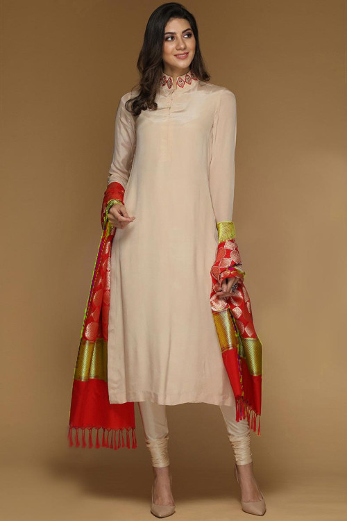 Cream Soft Silk Embroidered Churidar Suit for Eid