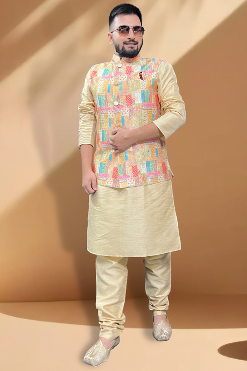 Cream Silk Kurta Churidar with Cotton Jacket in Resham & Sequins Work