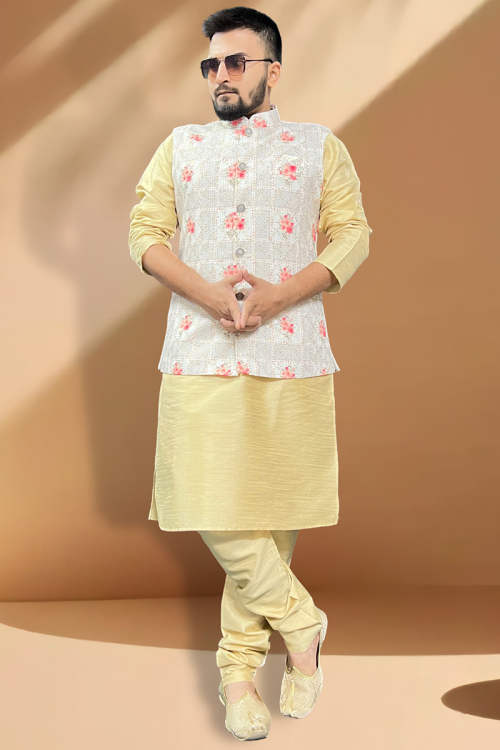Cream Silk Churidar Set with Printed Cotton Jacket & Thread Work