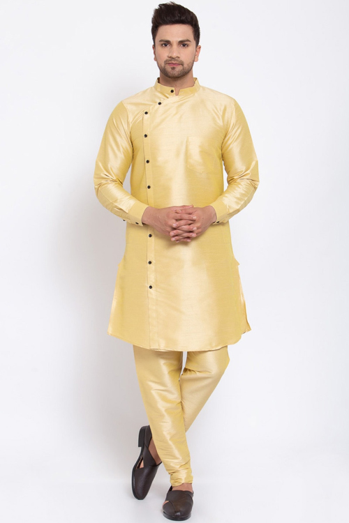 Cream Straight Cut Kurta Pajama in Dupion Silk for Men