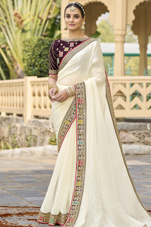 Cream Embroidered Crushed Chiffon Traditional Saree 