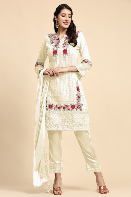 Cream Embroidered Georgette Casual Wear Trouser Suit