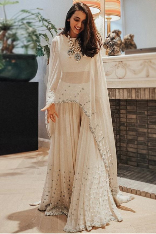 Cream Georgette Cape Style Flared Palazzo Suit