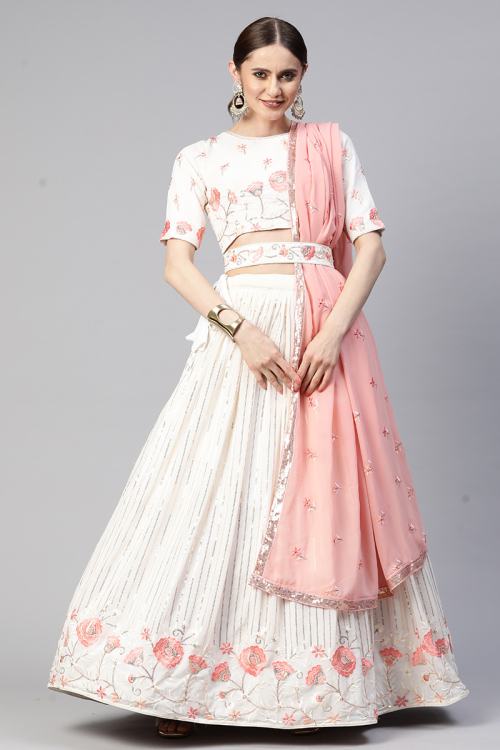Georgette Cream Resham Embroidered Wedding Wear Lehenga