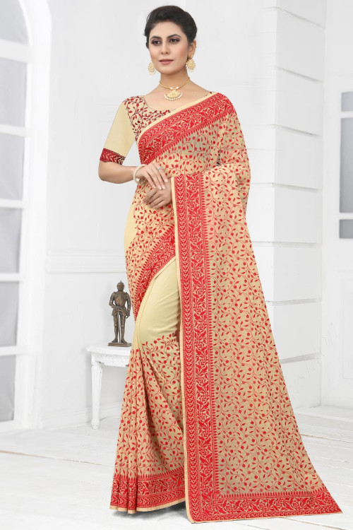 Georgette Cream Party Wear Saree with Thread embroidery