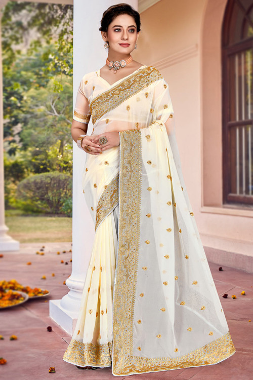 Saree in Georgette Cream with Zari Embroidery for Party 
