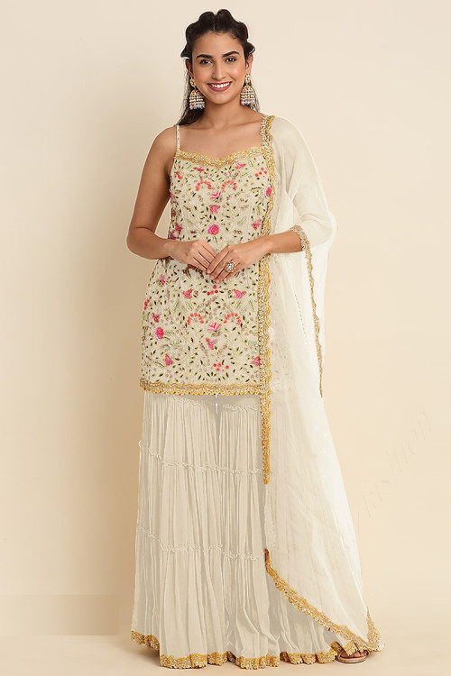 Cream Georgette Embroidered Sharara Suit