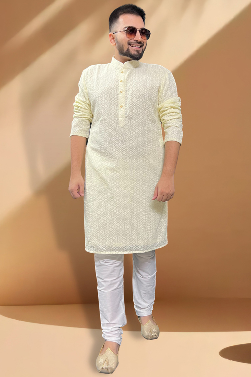 Cream Georgette Embroidered Straight Cut Men's Kurta Churidar 
