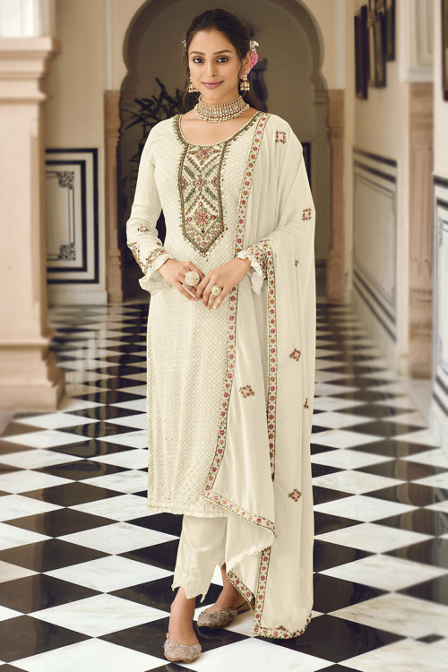 Georgette Trouser Suit in Cream colour with Zari Work for Party 