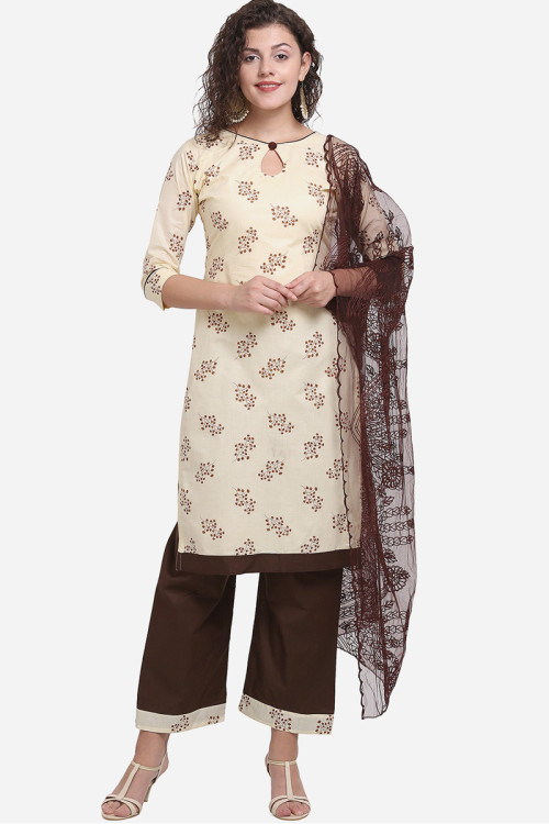 Cream Cotton Trouser Suit for Party Wear with Printed