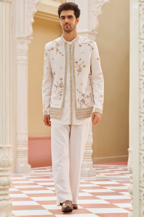 Cream Japanese Silk Jodhpuri Suit with Zari Work for Wedding