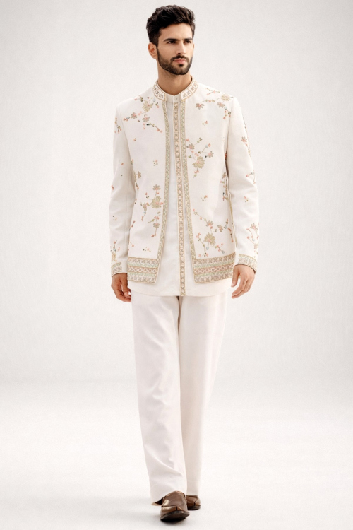 Cream Japanese Silk Jodhpuri Suit with Zari Work for Wedding