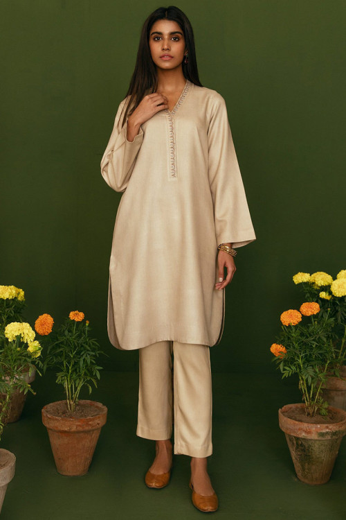 Cream Linen Plain Pakistani Eid Trouser Suit