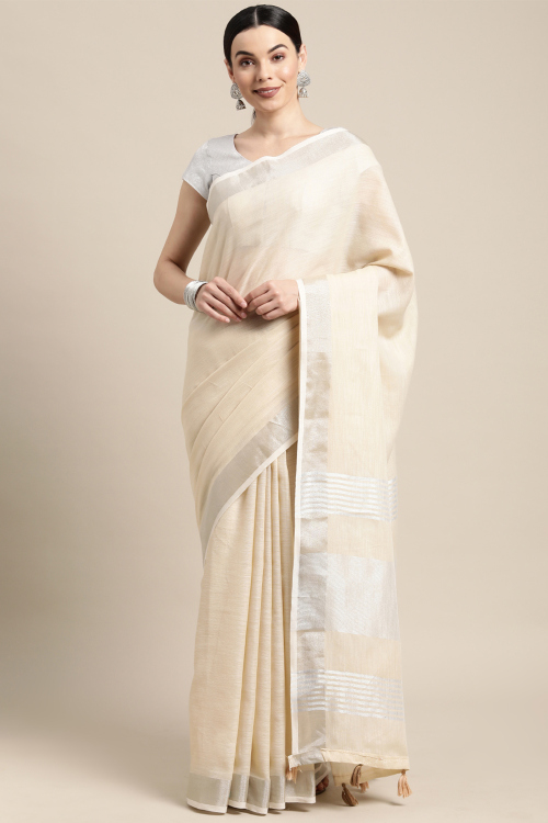 Cream Linen Saree with Woven Zari Work for New Year 