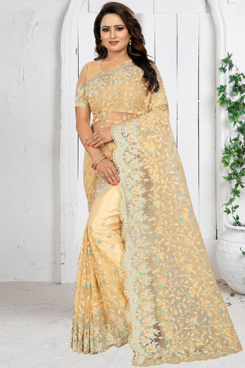 Cream Net Party Wear Saree With Net Blouse