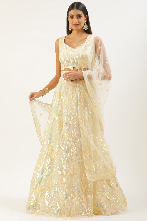 Cream Net Sequins Embroidered Panelled Lehenga