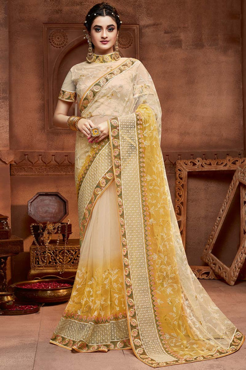Cream Net Wedding Saree With Silk Blouse