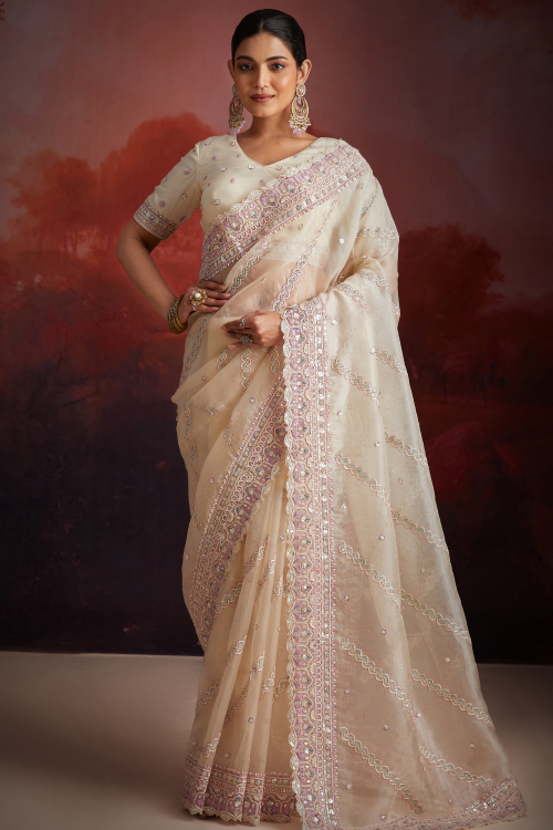 Cream Organza Embroidered Heavy Saree 